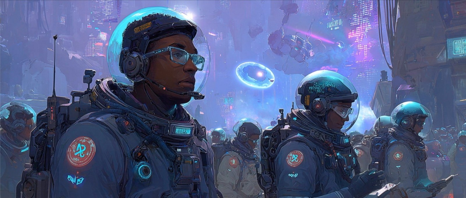 Frame from The Humano Chronicles: helmeted figures in a dense future city, from the produced episodes.