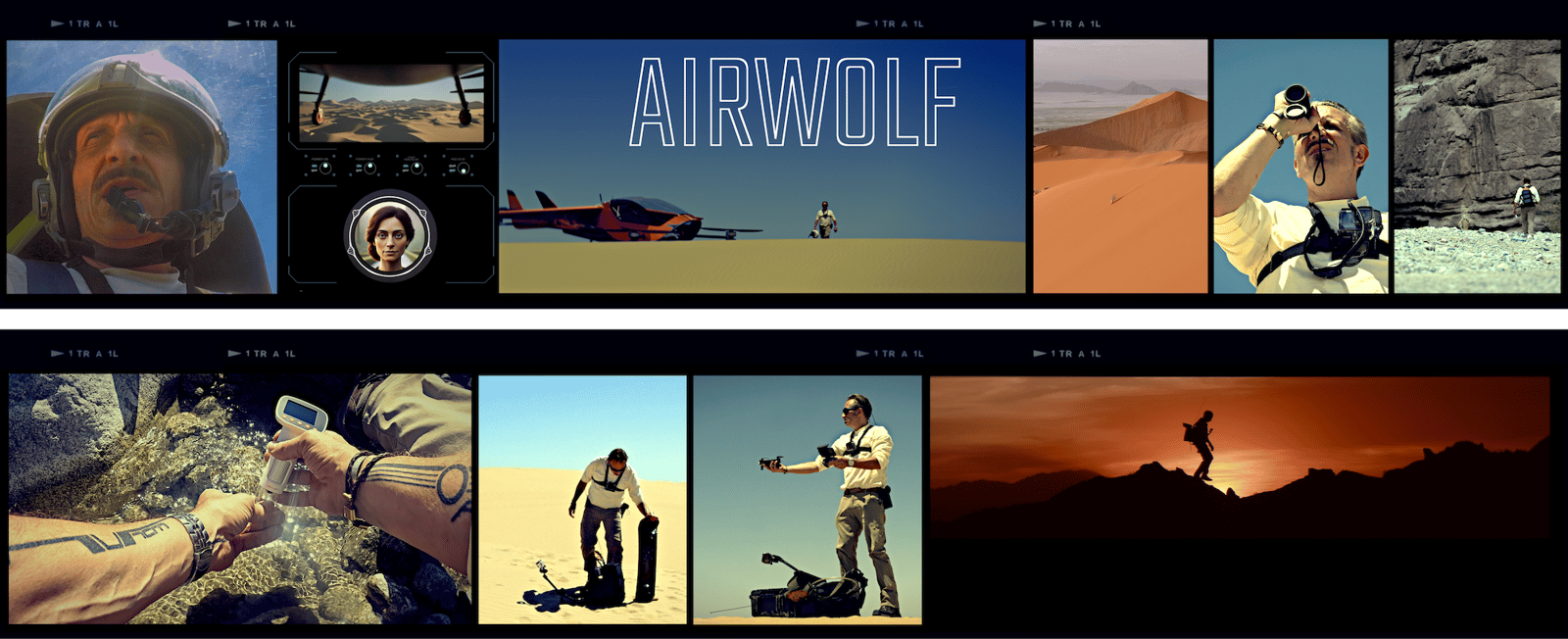AIRWOLF contact sheet: expedition stills from THE WOLF — solar aircraft over dunes, field navigation, desert crossing.