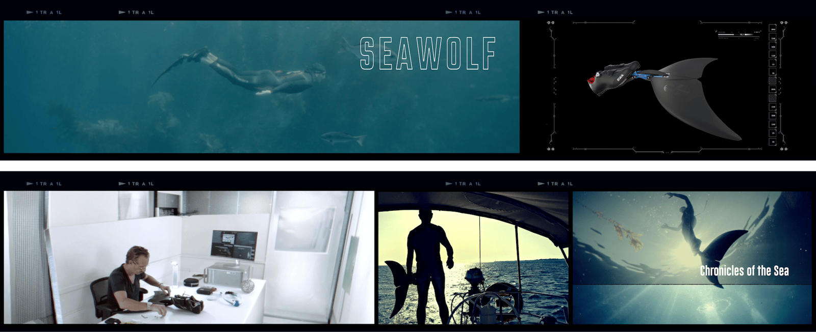 SEAWOLF contact sheet: freediving stills, biomimetic monofin engineering render, and ocean-going crew from THE WOLF.